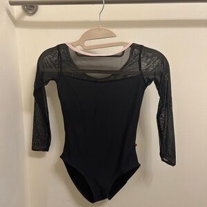 Yumiko Megan leotard XS black w/light pink velvet trim unlined in fair condition